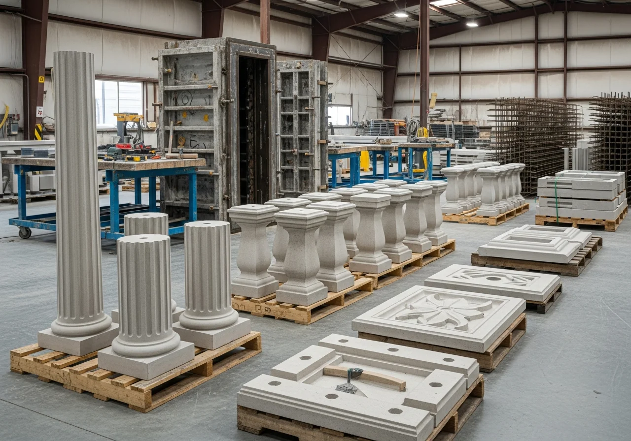 Precast concrete manufacturing facility with finished architectural elements, molds, and production equipment.
