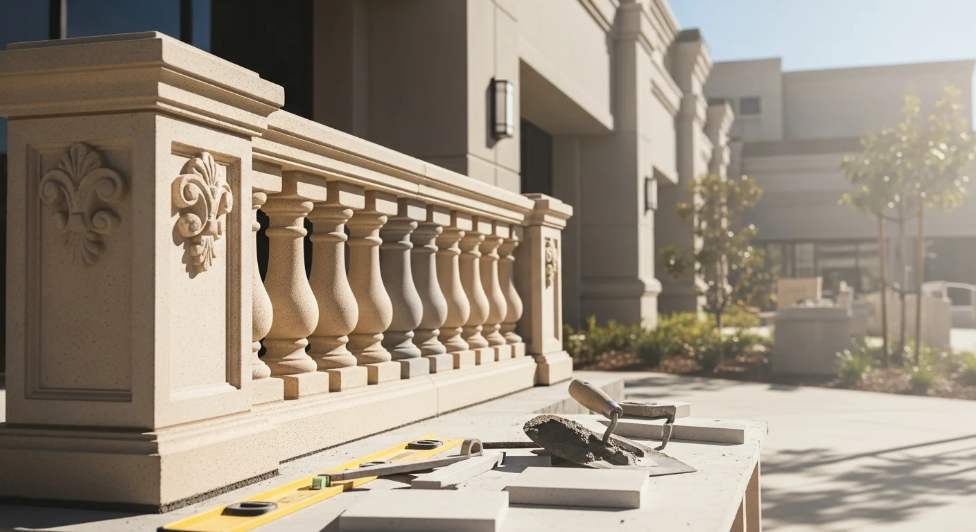 Precast concrete balustrade system and decorative trim elements
