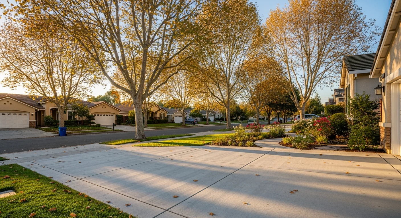 Modern Milpitas residential street with well-maintained homes and mature landscaping under clear blue sky.