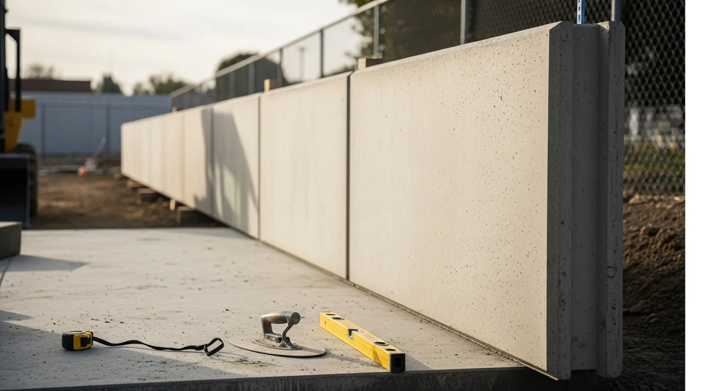 Custom precast concrete retaining wall panels installed along a residential property in Pleasanton, CA, showing clean formed edges and a smooth architectural finish. Proprecast Designs fabricated and placed the panels to match the site grading and existing landscape design.