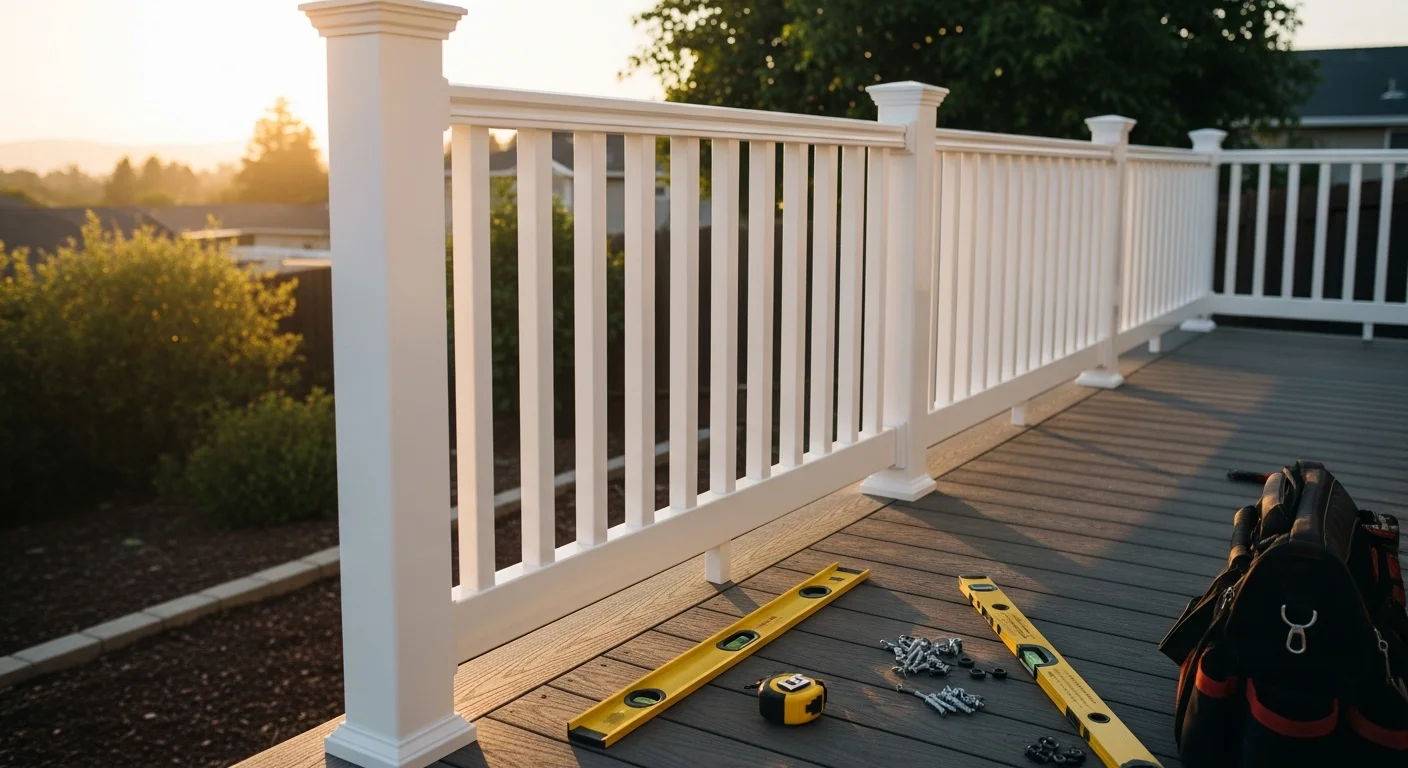 Installed fiberglass balustrade system on a residential balcony in Milpitas, CA, showing white balusters, top and bottom rails, and newel posts against a suburban home exterior. Close-up view highlights the clean profile and finished hardware connections typical of Proprecast Designs masonry contractor installations.