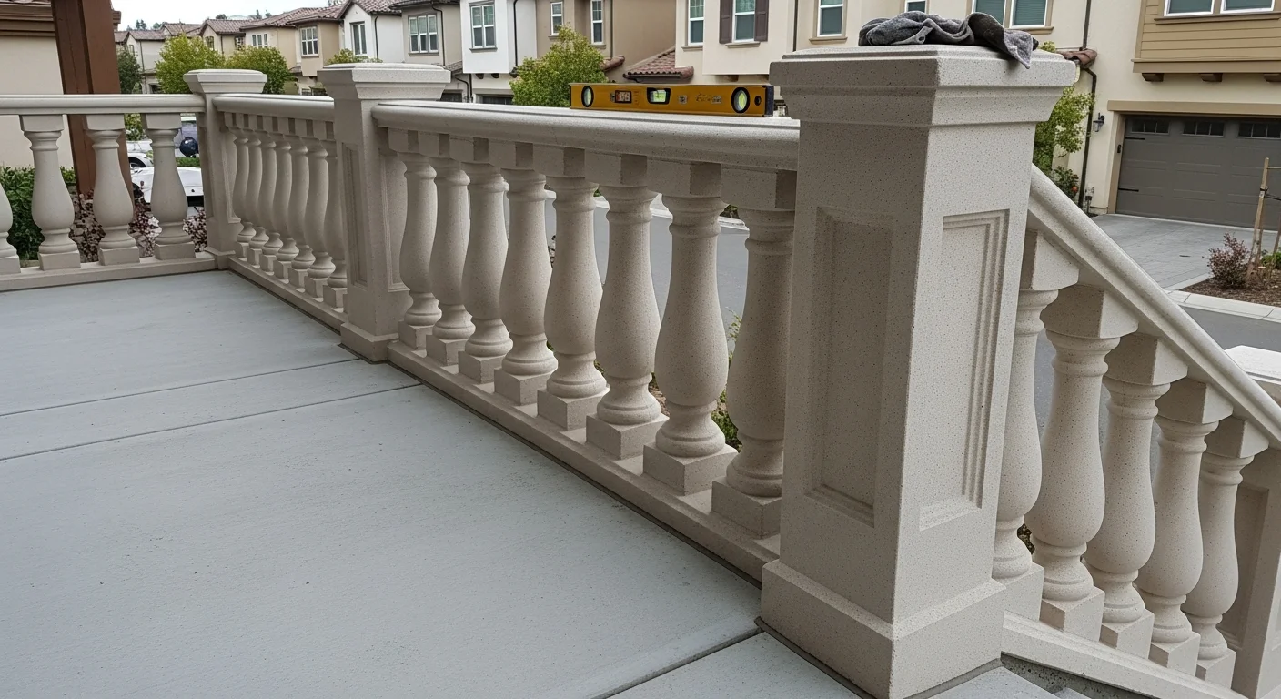 Installed precast concrete balustrade system along an exterior staircase on a residential property in Milpitas, CA. The system includes uniform cast balusters, a flat top rail, and a base rail set against a contemporary home facade.