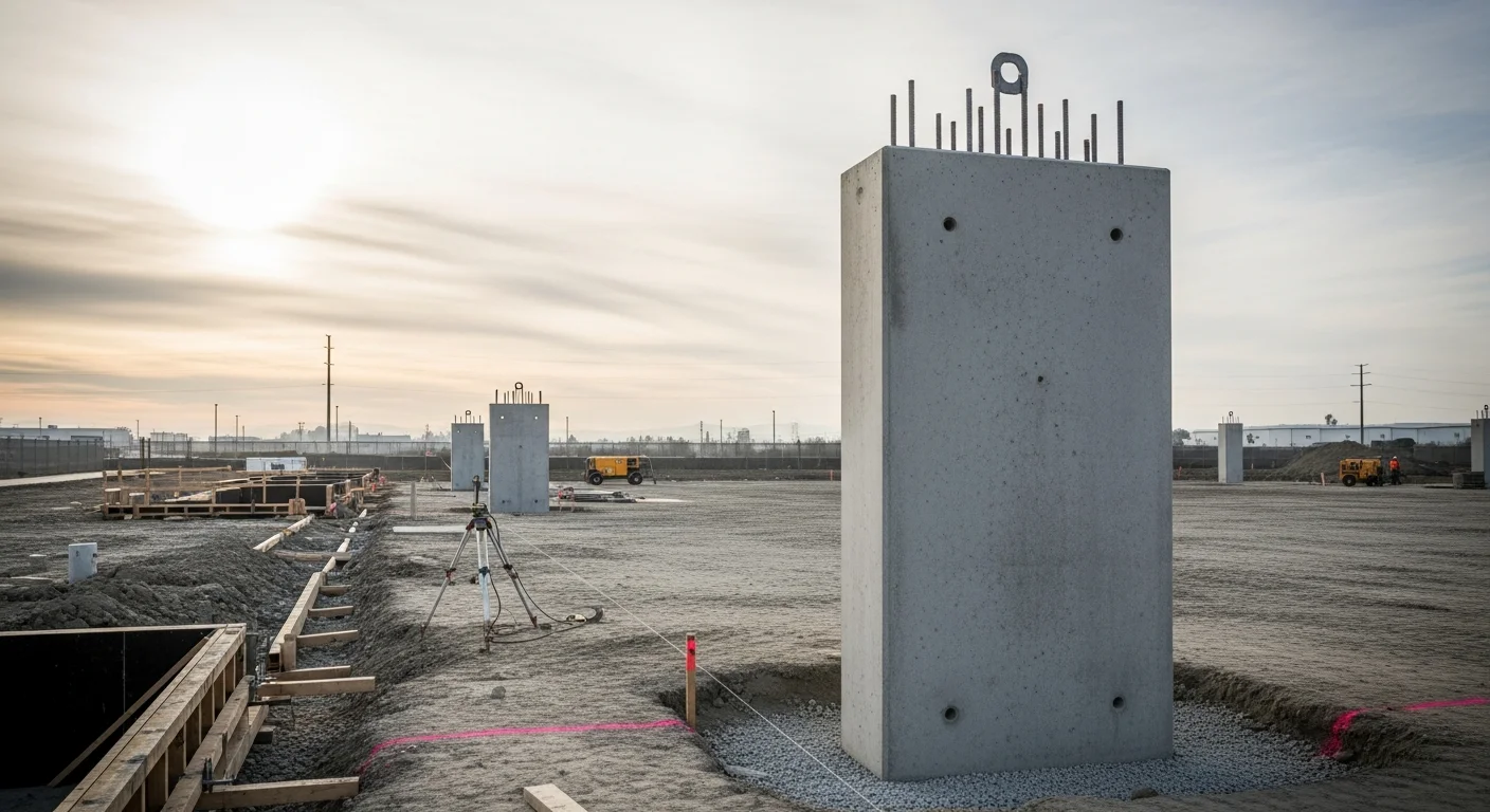 Finished precast concrete columns installed at a commercial property entry in Pleasanton, CA, showing smooth formed surfaces and structural base connections.