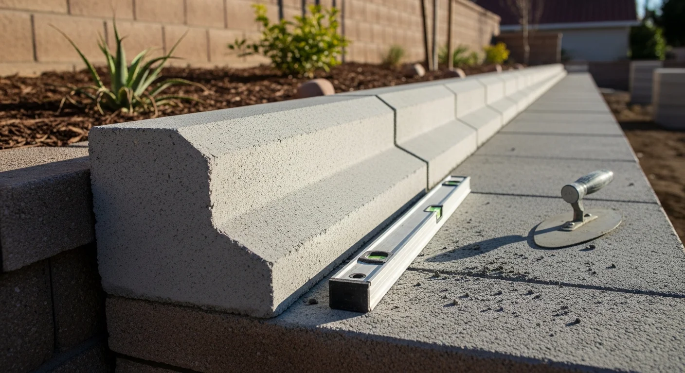 Precast concrete coping units installed along the top of a masonry retaining wall at a residential property in Milpitas, CA. The coping shows a smooth flat profile with clean joints and a consistent finish along the full wall length.