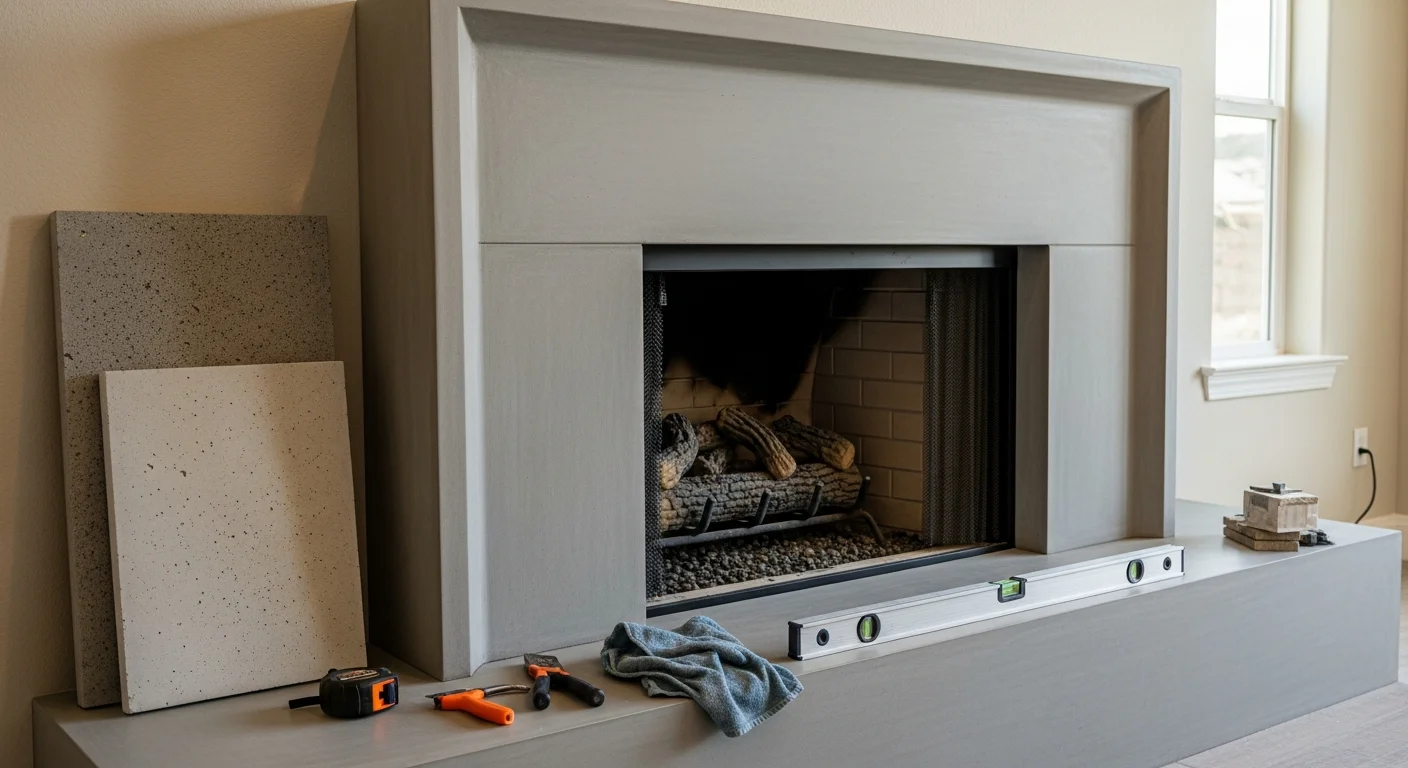 A custom precast concrete mantle installed around a residential fireplace in a Milpitas, CA home, showing a smooth polished finish and clean architectural lines. The mantle is cast to fit the fireplace opening precisely, with even edges and a neutral surface ready for the surrounding wall finish.
