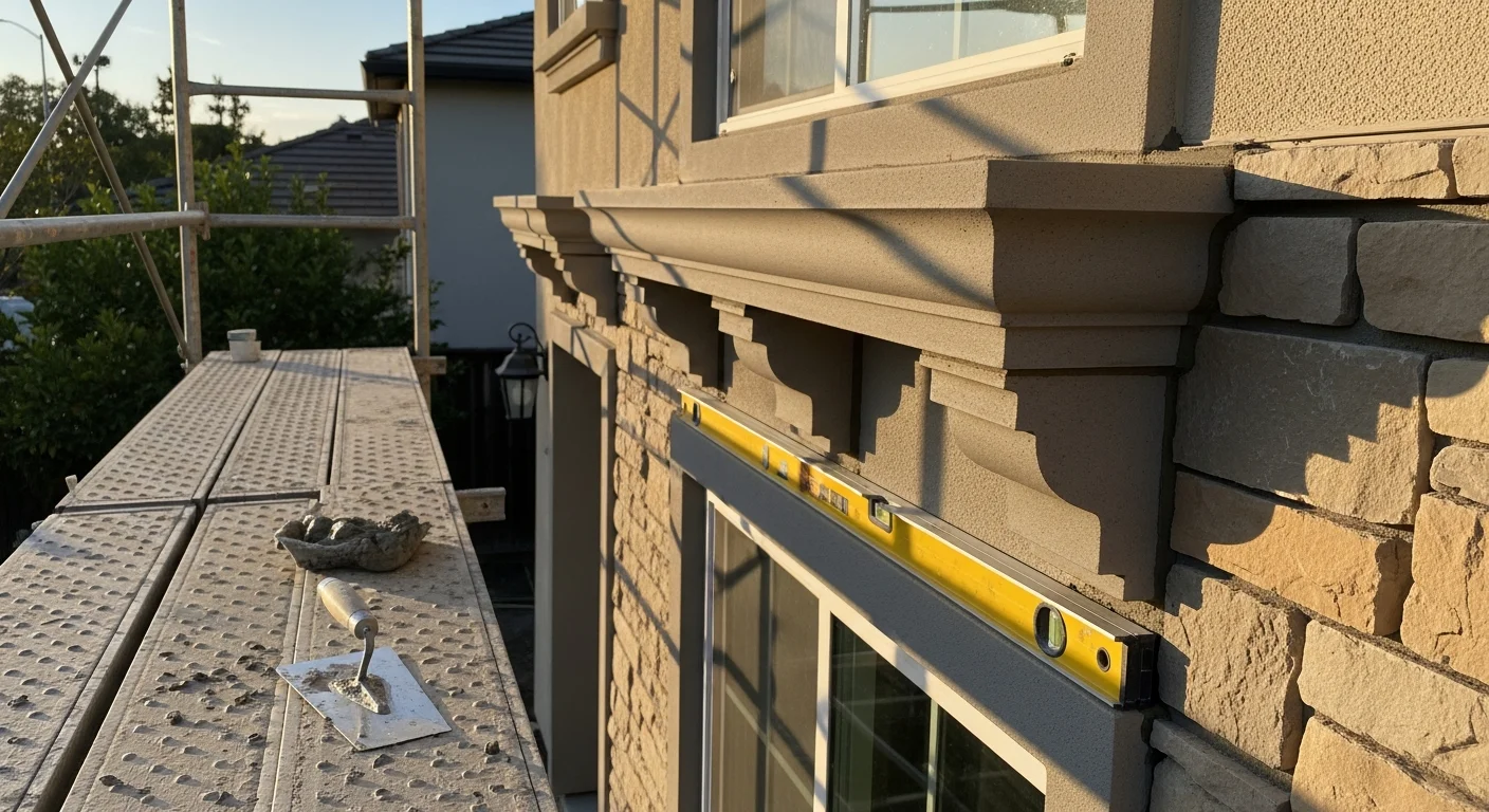 Precast concrete ornamental columns and decorative cornices installed on the exterior facade of a residential property in Milpitas, CA. Close-up view shows clean molding profiles and a smooth textured finish against a stucco wall.