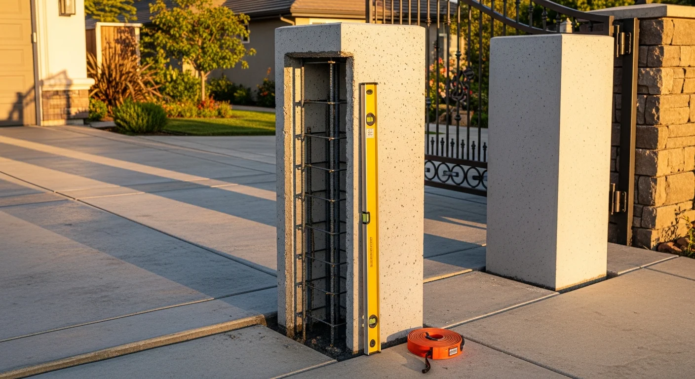 Custom precast concrete pillars installed at a residential entry gate in Milpitas, CA, with a smooth polished finish and rebar-reinforced construction. The pillars frame a driveway entrance against a backdrop typical of Silicon Valley suburban architecture.