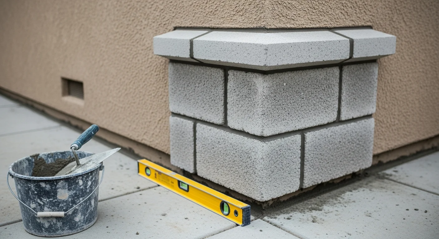 Precast concrete quoins installed at the exterior building corners of a stucco home in Milpitas, CA. Each block shows clean edges and uniform sizing along the full height of the wall corner.