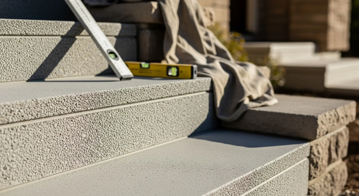 Newly installed precast concrete stair treads on an outdoor residential staircase in Milpitas, CA, showing uniform tread dimensions and a slip-resistant surface finish. The staircase connects a ground-level walkway to a raised entry, with clean mortar joints visible between each tread.