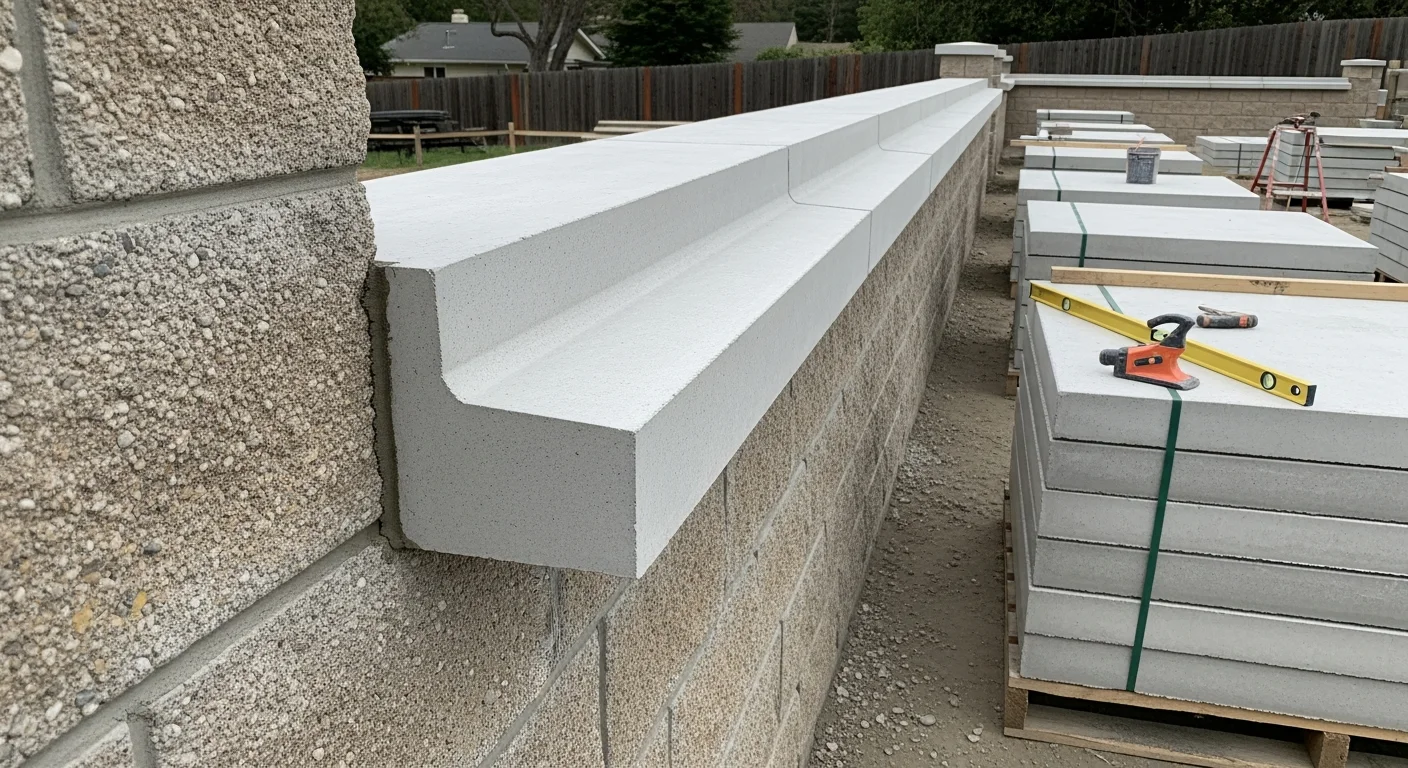 Precast concrete wall caps installed on top of a masonry perimeter wall at a residential property in Milpitas, CA. The caps show a clean bull-nose profile with even overhangs on both sides of the wall.