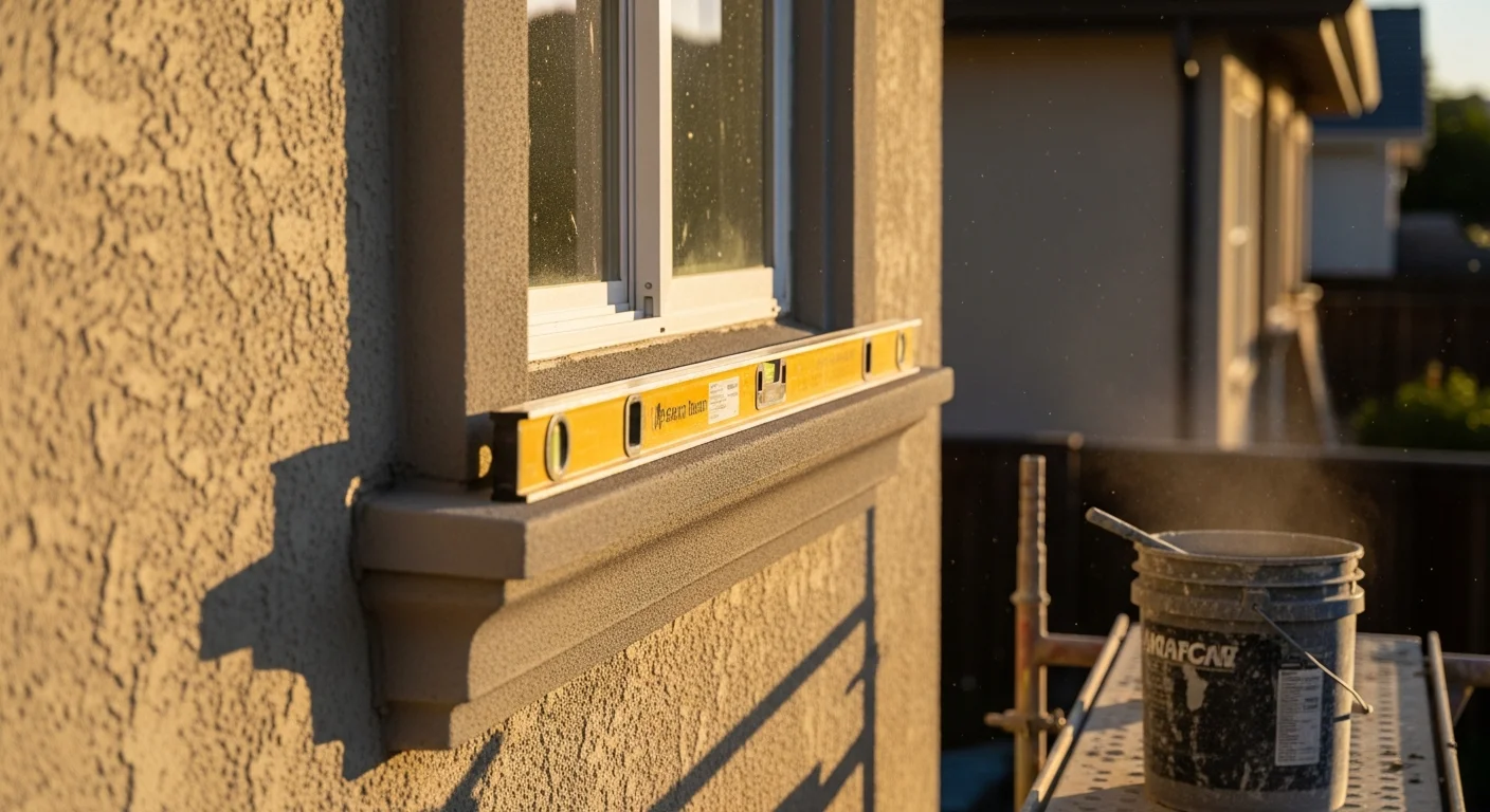 Freshly installed precast concrete window sills and decorative trims on the exterior of a residential home in Milpitas, CA. The sills show a clean forward slope and sharp masonry profile against a stucco wall finish.